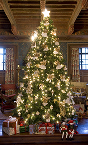 Holiday decor in the music room of the House Museum at Caramoor,