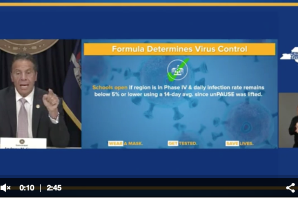 Cuomo Outlines Metrics for Schools to Reopen